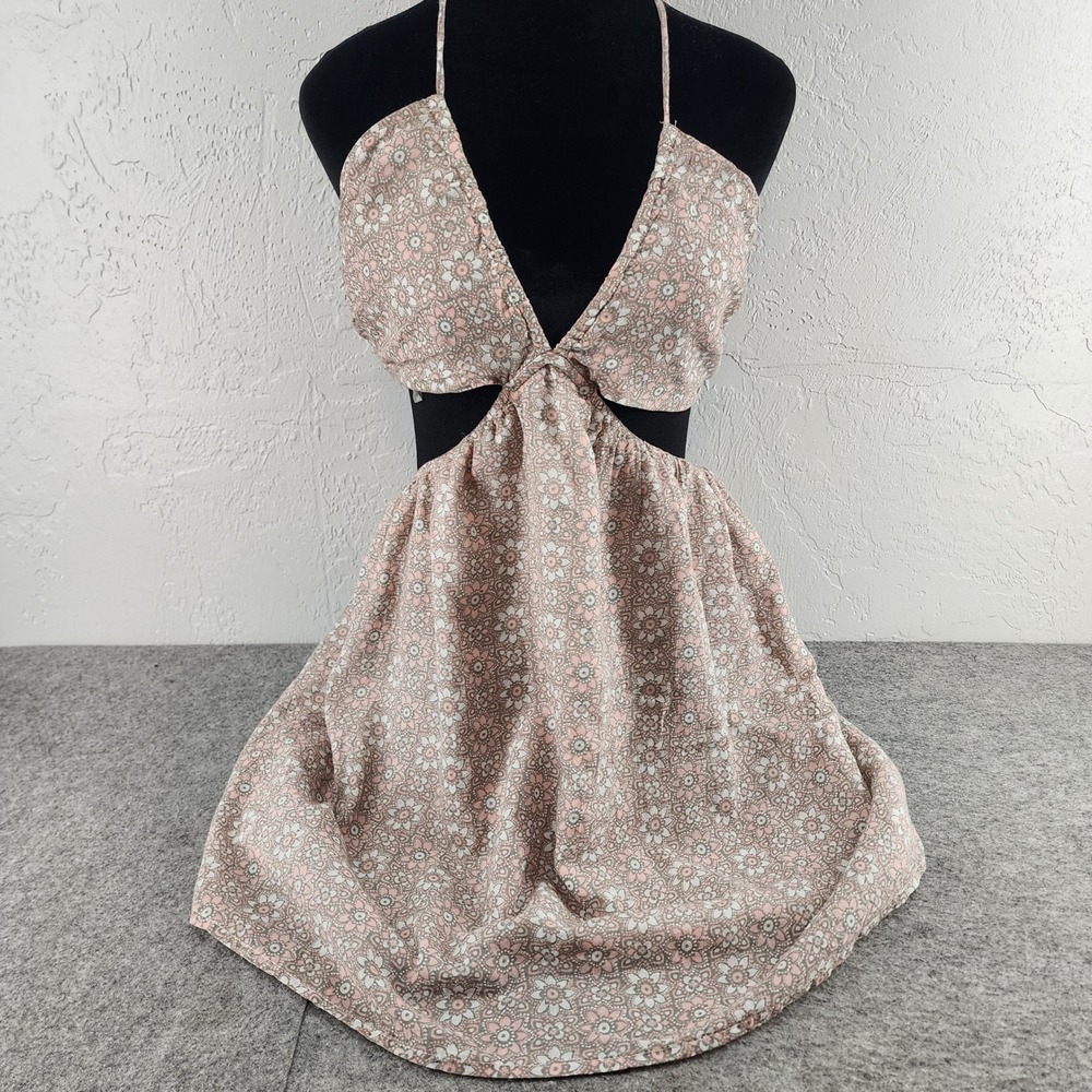American Eagle Pink Floral Cutout Halter Mini Sun Dress Boho Summer Womens M